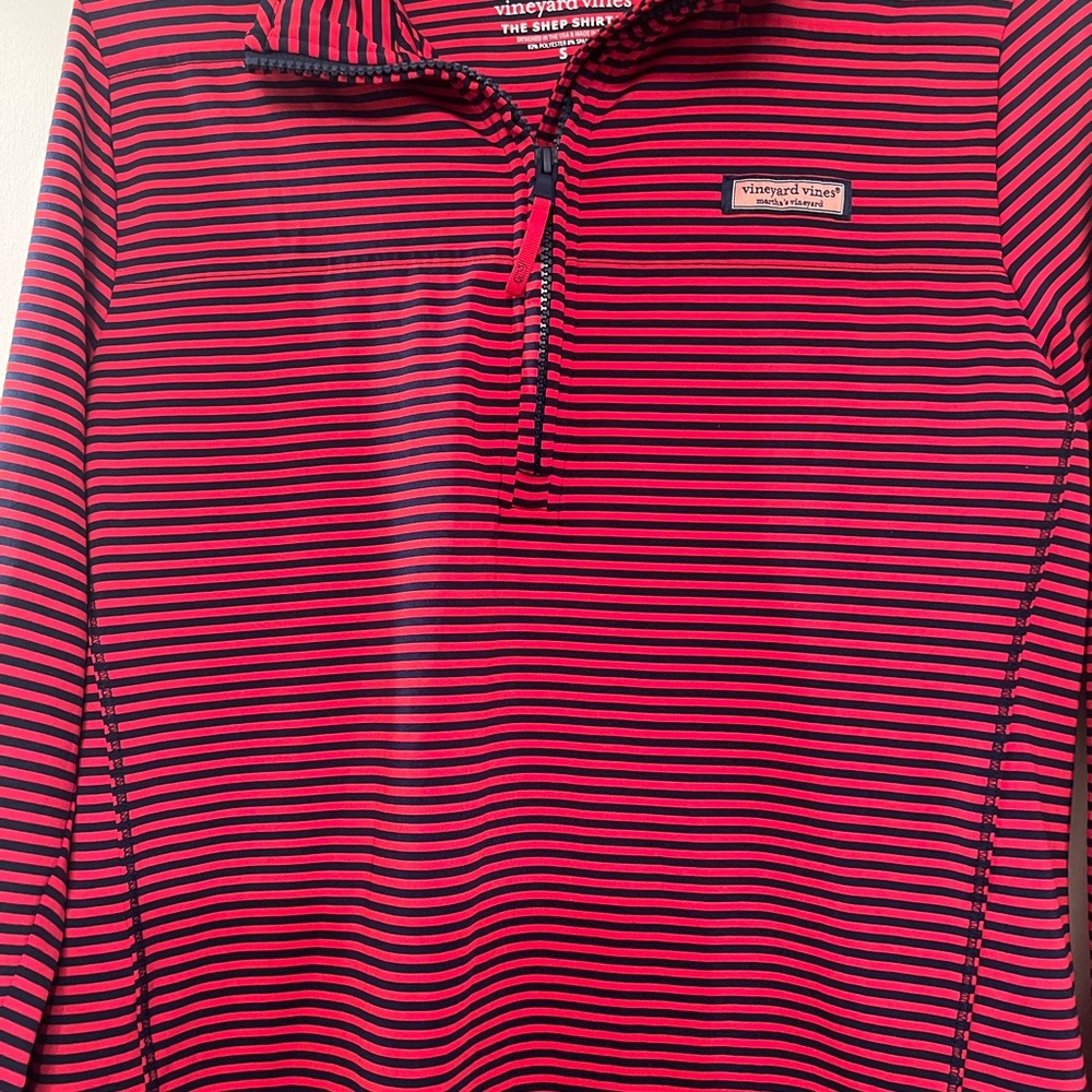 Vineyard Vines Red and Black Striped Fabric quarter zip